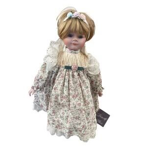 Vintage 15" Decor & More Porcelain Doll Blue Eyes Blond Hair Flowered Dress